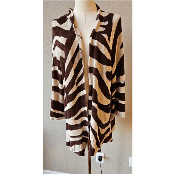 Chicos Open Front Linen Animal Print Cardigan Sweater Women Size 3 L Brown Cream - Picture 1 of 6